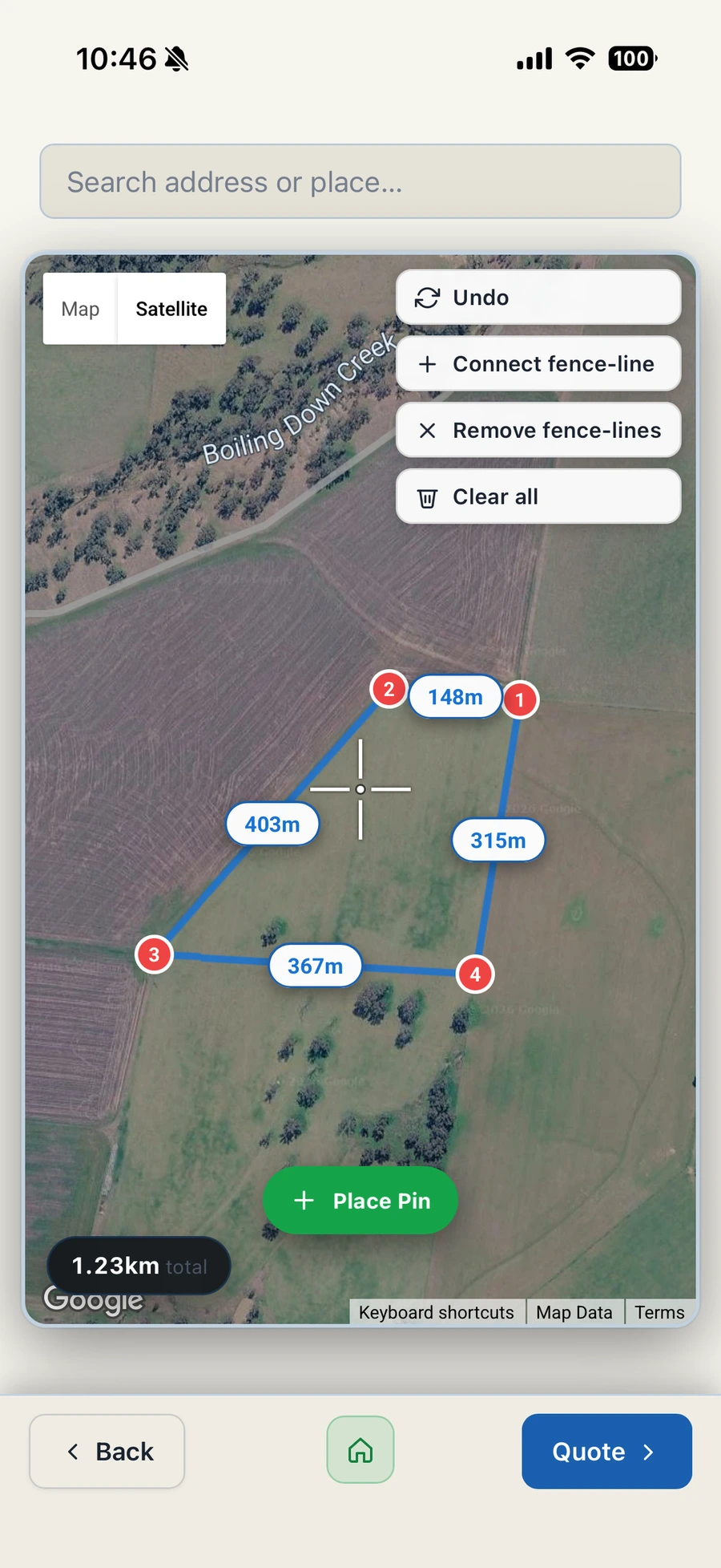 Fencing app: fence lines drawn on a satellite map with lengths on each side
